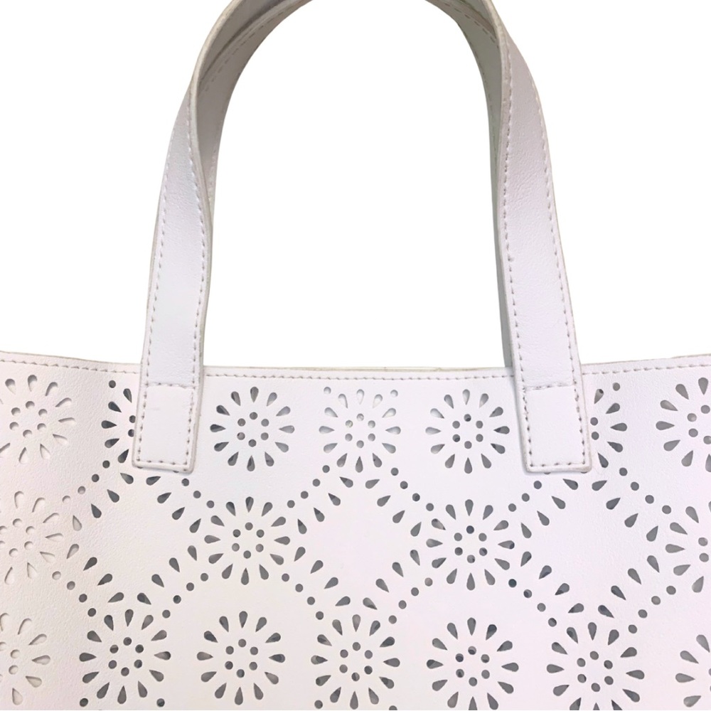 Ann Taylor White Cream Laser Cut Tote Bag Perforated Pattern Floral Ivory - Picture 3 of 9